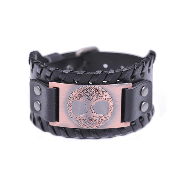 NEW Life of Tree Sigil Antique Copper Charm Punk Bracelet Genuine Leather Wide Wristband Cuff Bracelet for Men's Jewelry