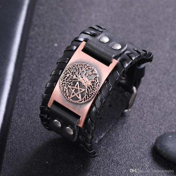 Black Wide Leather Tree of Life Wicca Bracelet Amulet Antique Silver/bronze/copper Charm Pentagram Magic Amulet Jewelry