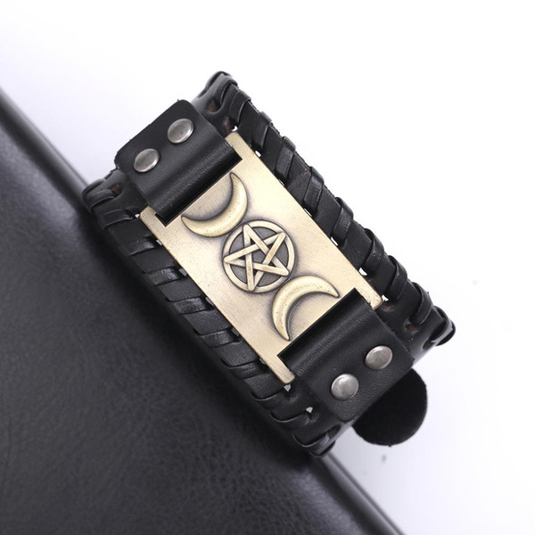 Black wide Easy-buckle Leather Wristband Slavic Kolovrat Antique Silver/bronze goddess of moon Pattern Charm Man Amulet Jewelry