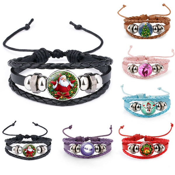 Merry Christmas leather bracelet santa deer elk snowman christmas tree Badge Bracelets Multilayer Wrap Bracelet Glass Cabochon Jewelry