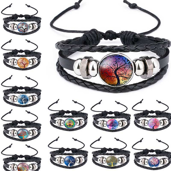 Multicolor Tree of Life Time Gemstone Glass Leather Multilayer Wrap Bracelet Bangle Cuff Wristband Fashion Jewelry