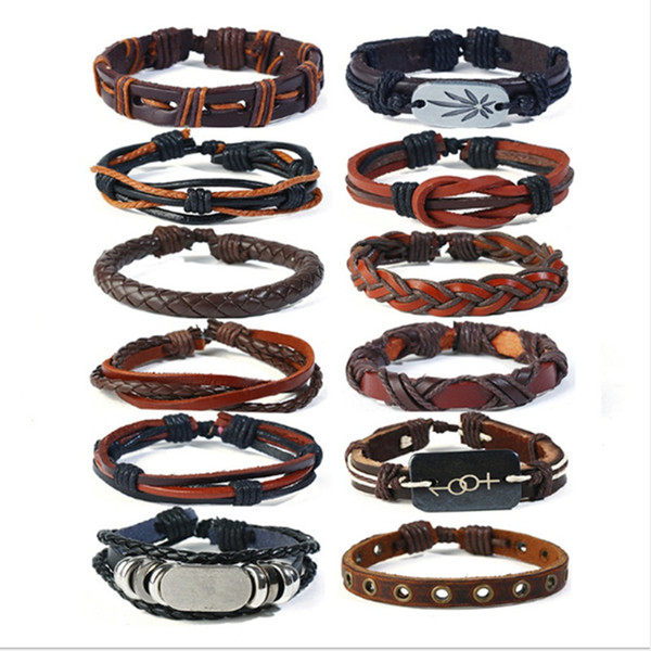 12pcs/lset New Men's Leather Wrap Braid Bracelets Retro Handmade DIY Leather ID hemp Bracelets For Men Women Mix Style Wholesale