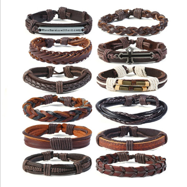 12pcs/lset Stylish Men's Leather Charm Bracelets Punk Multilayer Handmade DIY Leather Braid hemp Bracelets Women's Jewelry Adjustable Cord