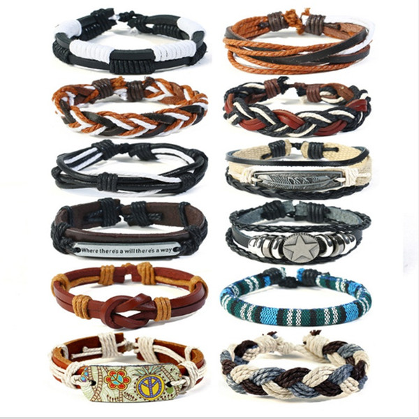 12pcs/lset New Stylish Leather Charm Wrap Bracelets Multilayer DIY Leather Braid hemp Bracelets Jewelry For Men Women Mix Style