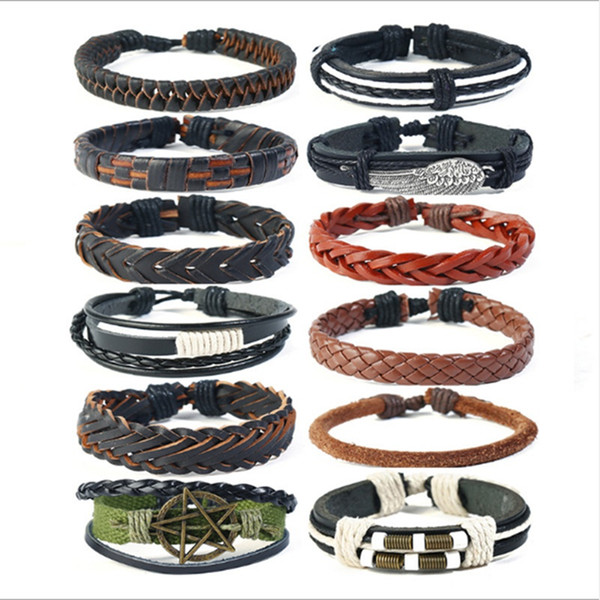 12pcs/lset Hotting Stylish Leather Charm Wrap Bracelets Multilayer Mix Style DIY Leather Braided hemp Bracelets Jewelry For Men Women Gifts