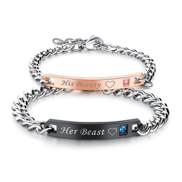 Couple ID Bracelet Her Beast King and His Beauty Queen Engraved Titanium Steel Chain & Link Bracelets for Men Women Valentine Love Gift