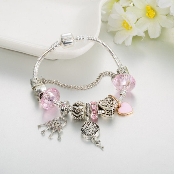 European and American Fashionable Alloy Charm Bracelet Pink Heart Key Pendant Bracelet Set With Diamond Jewelry S925 Sliver