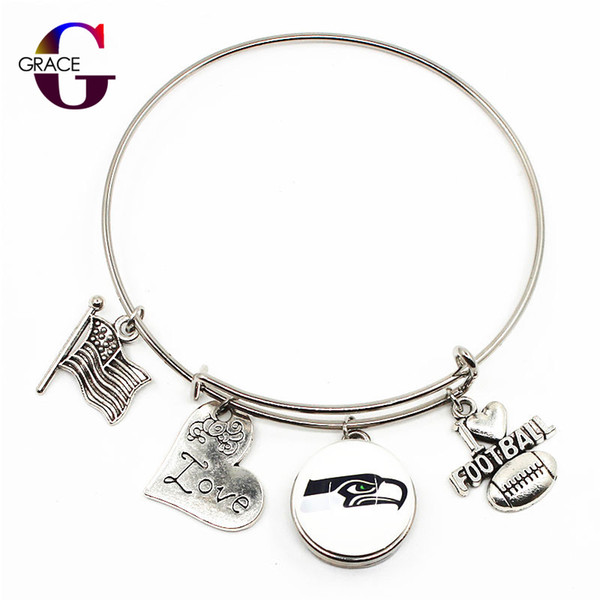 10pcs/lot Football Sports Charms Adjustable I Love Football Expandable Women&Men Bangle Bracelets With Ginger Glass Snaps Buttons Jewelry