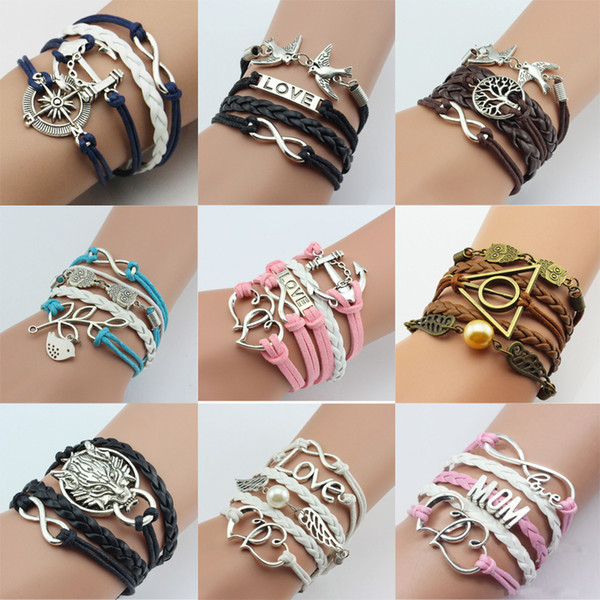 11 Styles Mixed Fashion Womens Leather Bracelet Multilayer Cute Infinity Love Heart Wings Charms Bracelet Handmade Jewelry