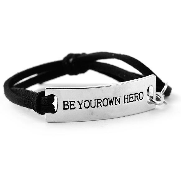 JLN Personalized Engraving Lettering Be Your Own Hero Long Bar Suede Leather Alloy Bracelet