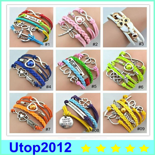 100pcs 2015 2016 hot sale high-quality fashion leather bracelets Mixed Lots Infinity Silver weave wrap watch lots Style to wholesale