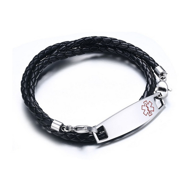 Free Engraving-Stainless Steel Medic Tag with Black Braided Leather Triple Wrap Medical Alert Bracelets 25