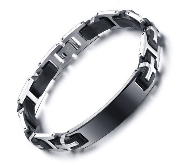 Free Engraving High Polished Stainless Steel ID Bracelet Bangle Silicone Chain 12mm Width,8.8