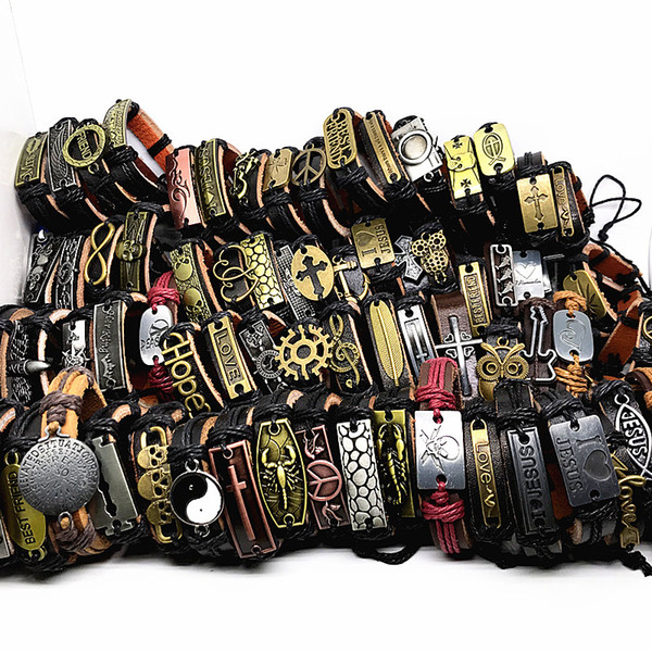 100Pcs/lot Top Mix Styles Metal Leather Cuff Punk Jesus Cross Biker Handmade Bracelets Men's Women's Jewelry Wholesale Lot