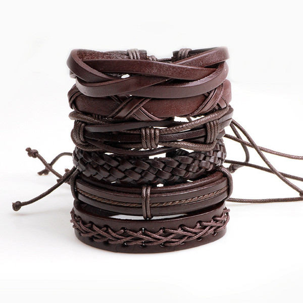 Man Stylish Leather Wax Rope Woven Bracelet Creative Multiple Layer Hand Chain Men Luxury Bracelet 6 pcsMan Stylish Leather Wax Rope Woven