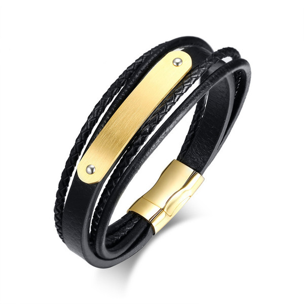 Black Mens ID Bracelet Stylish Genuine Braided Leather Cuff Bracelets Bangles For Men With Magnetic Clasp 8.4