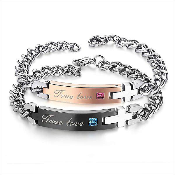 316L Stainless Steel True Love Couple lovers' Bracelet & bangle with Blue / pink Crystal one pcs Gift