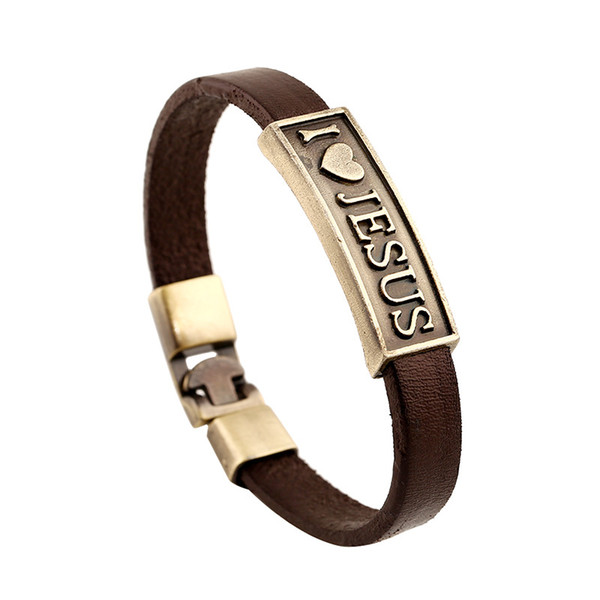 I Love Jesus Bracelet Antique Love Jesus Tag Leather Bracelet Wristband Rings Woman Man Fashion Jewelry Will and Sandy Drop SHip