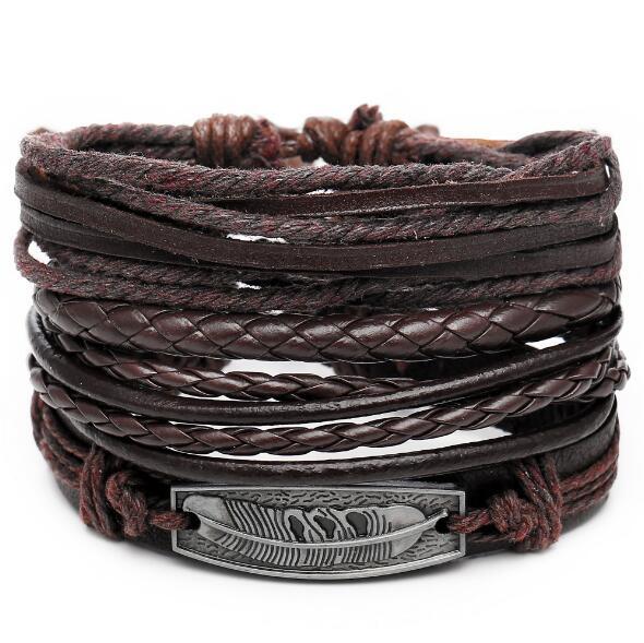 New arrival leather knitted bracelet men's feather tag woven bracelet Bangles 4pcs/set bracelet set fashion jewelry