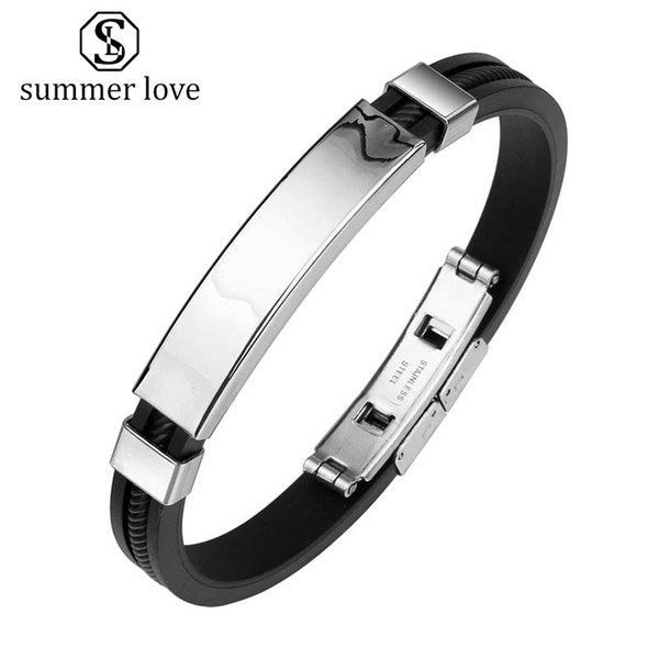 New arrival stainless steel silicon bracelet for men simple style black color bracelet logo pattern customizable fashion jewelry 2019