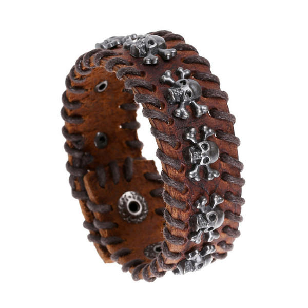 New Fashion Vintage Leather Knitting Alloy Skeleton ID Bracelet Punk Style Men's Leather Chain Black and Brown Length Adjustable Men's Gifts