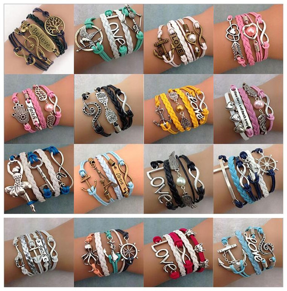 DIY Infinity Charm Bracelets Antique Cross Bracelets Hot sale 55 styles fashion Leather Bracelets Multilayer Heart Tree of Life Jewelry