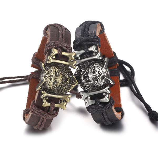 Vintage Wolf Alloy Leather Bracelets Men Bracelet Chain Adjustable Rope Jewelry Charm Fashion Wholesale Fashion Punk Bones