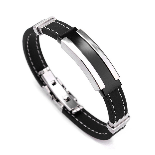 Fashion Trendy Male Men's Bracelet Cuff Wristband Cuff bangle Silver Stainless Steel Black Rubber Belt Free Shipping