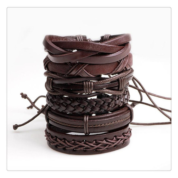 Man Stylish Leather Wax Rope Woven Bracelet Creative Multiple Layer Hand Chain Men Luxury Bracelet 6 pcs