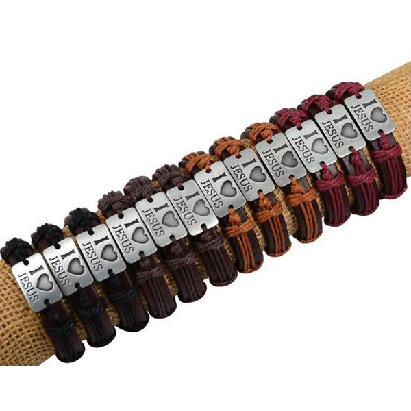 12PCS/lot I LOVE JESUS Leather Bracelet - Antique Style Pendant Hand-woven Rope Chain Charms Wrap Bracelets For Women Men