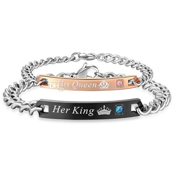 Fashion His Queen Her King Stainless Steel Couple Bracelets His and Hers Matching Bracelets Unique Gift for Lovers Wedding Jewelry