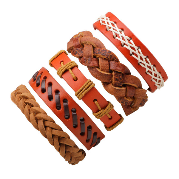 Punk colorful Bracelets Leather wax rope +PU 5 pieces / set Bangles Jewelry Bangles Bracelet For Men Design Accessories Adjustable Jewelry