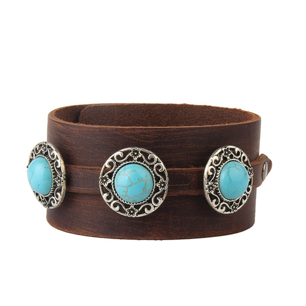 Retro Split Leather Turquoise Bracelets Wide Luxury Women Black Brown Bracelet Precious Stone Bracelet For Women Girls Gifts