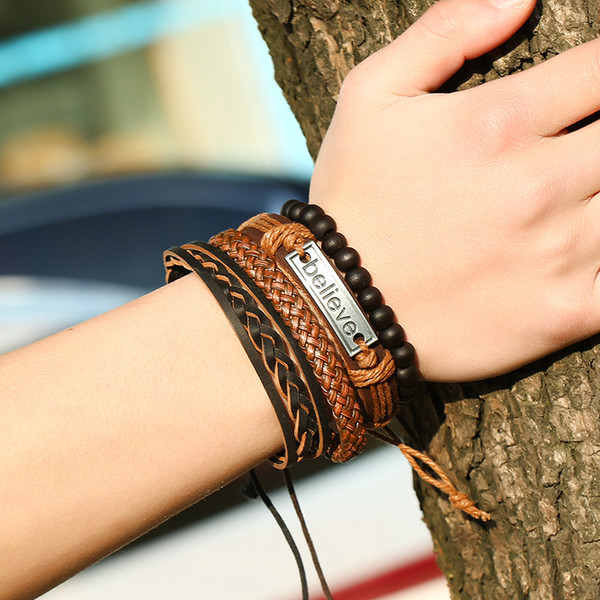 Vintage Leaf Feather Multilayer Leather Bracelet Men Fashion Braided Handmade Star Rope Wrap Bracelets & Bangles Male Gift