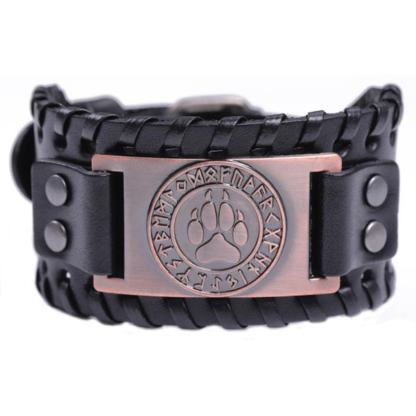 Classic Design Black/brown Easy-buckle Leather Wristband Slavic Kolovrat Antique Silver/bronze Bear Paw Pattern Charm Man Amulet Jewelry