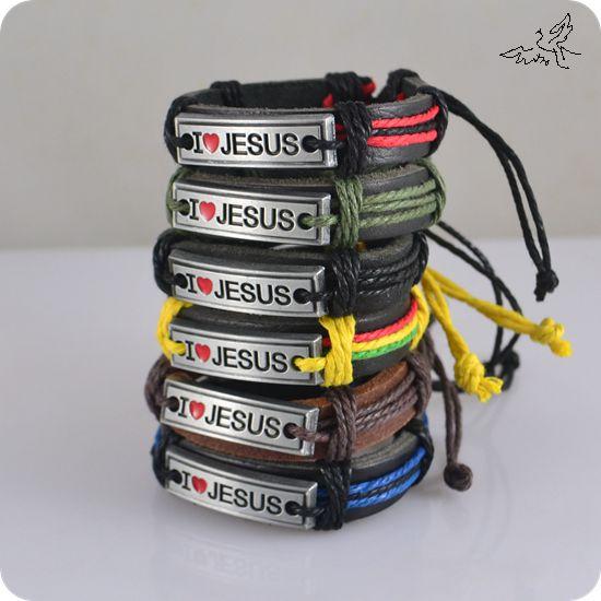 24pcs/lot MIX Color I Love JESUS Bracelets Leather Alloy ID Bracelet Religious Jewelry