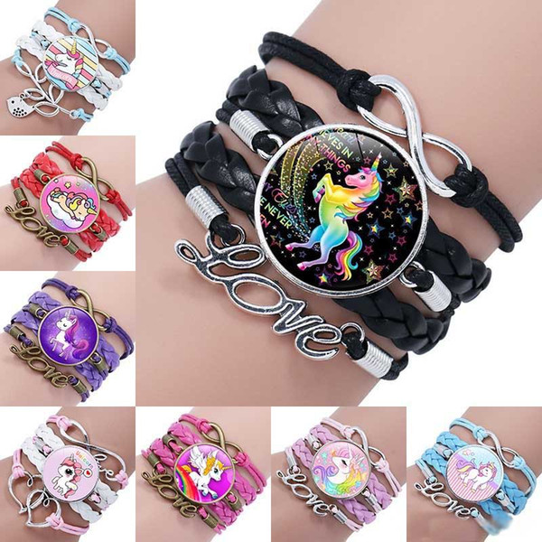 cartoon Unicorn Horse Bracelets Animal double Heart Infinity Love Cabochon Charm Leather Jewelry Women Men Girl Boy Unisex Gift drop ship