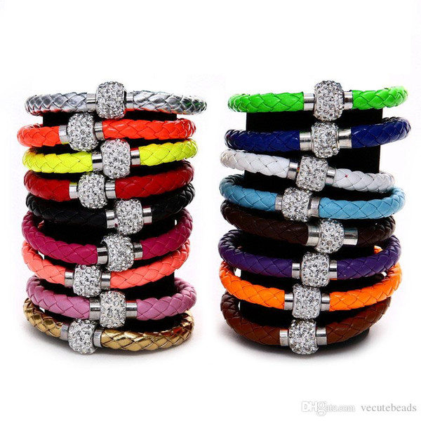 Fashion Women bracelets Crystal Bracelet Leather Wrap Wristband Cuff Punk Magnetic Rhinestone Buckle Bracelet Bangle ID Chain Cheap Price