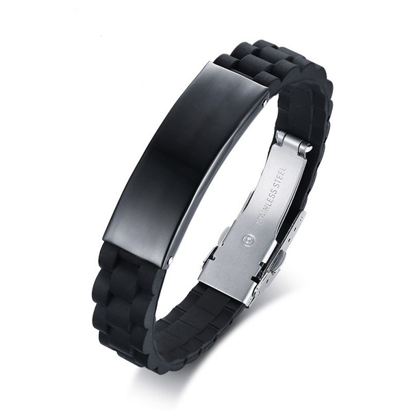 Black Color Fashion Simple Men's Bangle Stainless Steel Silicone Bracelet Watchband Jewelry Gift for Men Boys J084