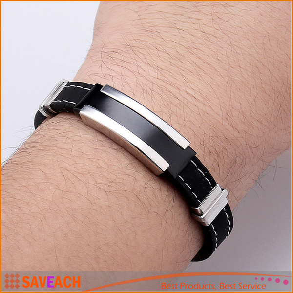 Fashion Trendy Male Men's Bracelet Cuff Wristband Cuff bangle Silver Stainless Steel Black Rubber Belt Free Shipping