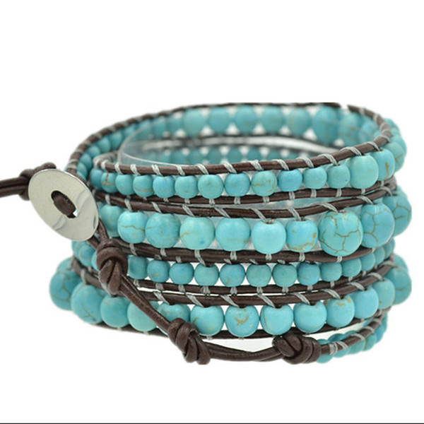 Wholesale-hot new arrival fashion jewelry 4mm Natural turquoise weaving leather wrap bracelet bangle for girl for women