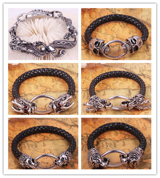 5 Style Fancy Mens 316L Stainless Steel Lion traveling Leather Silver bracelets