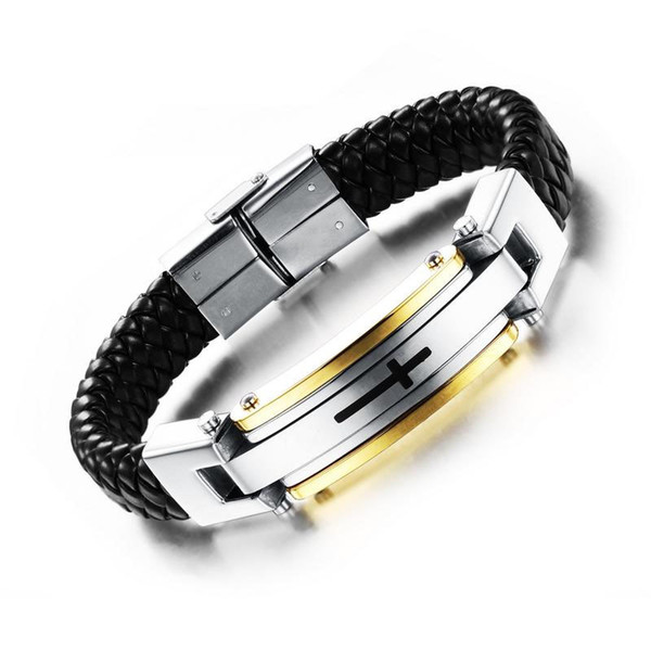 2018 Hot Leather Mens Stainless Steel Crucifix Cross Cuff Bracelet For Men Boys Sporty Wristband Bangle