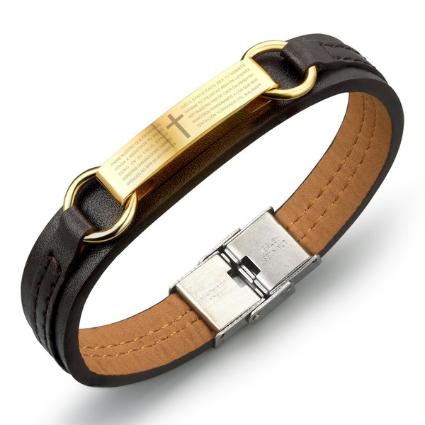 PU Leather Man's Bracelet Classical Gold Plated Stainless Steel Cross + Holy Bible Design Men's Jewelry Gift FPH962