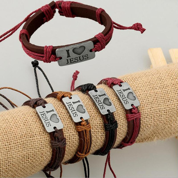 12pcs/lot MIX Color I LOVE JESUS Bracelets - PU Leather Alloy ID Hand-woven Bracelet Fashion Catholic Christian Religious Jewelry