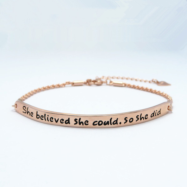 chain and bar bracelet engraving she believed she could so she did twisted roll rose gold jewelry