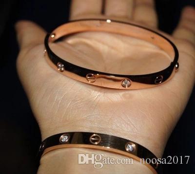 High quality Fashion jewelry smooth Scrub 316L titanium steel Couple Bangle Bracelet plated 18K rose gold love Bracelet with Czech diamonds