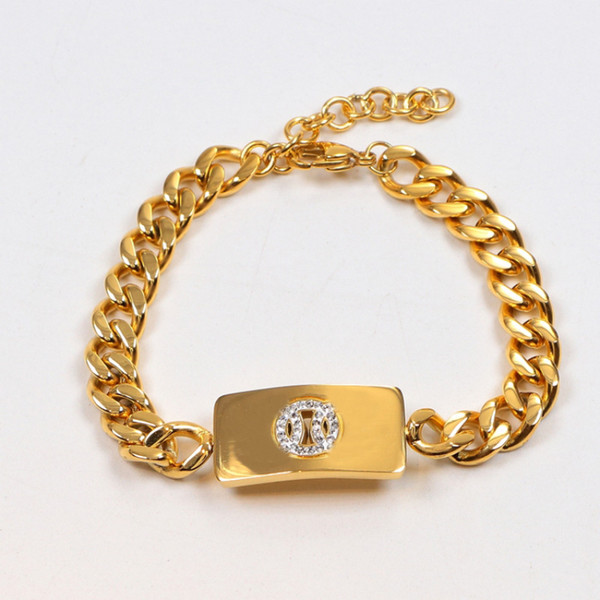 Luxury Yellow Gold plated Cuba Chain link Identification CC Bracelet with CZ Diamond Women Mens Silver Bracelets