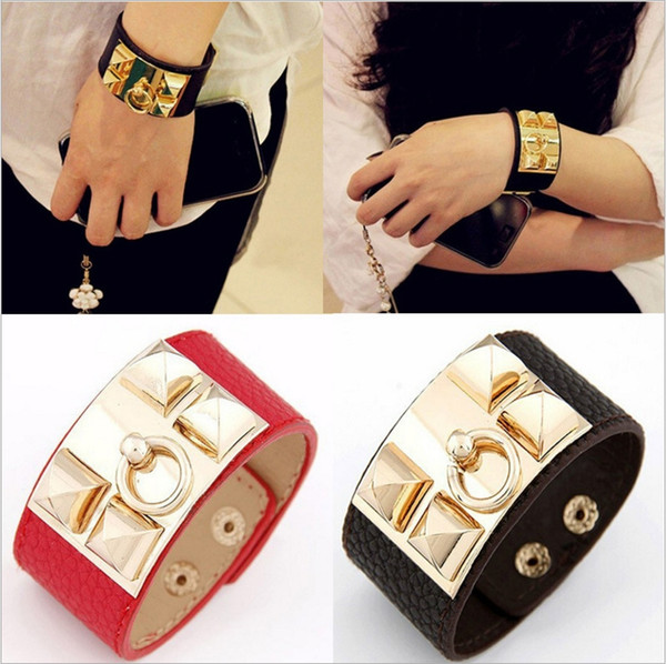 Leather metal exaggerated texture rivet punk temperament leather ultra wide bracelet