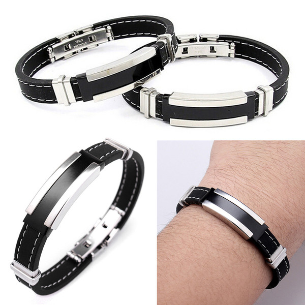 Fashion Trendy Male Men's Bracelet Cuff Wristband Cuff bangle Silver Stainless Steel Black Rubber Belt Free Shipping